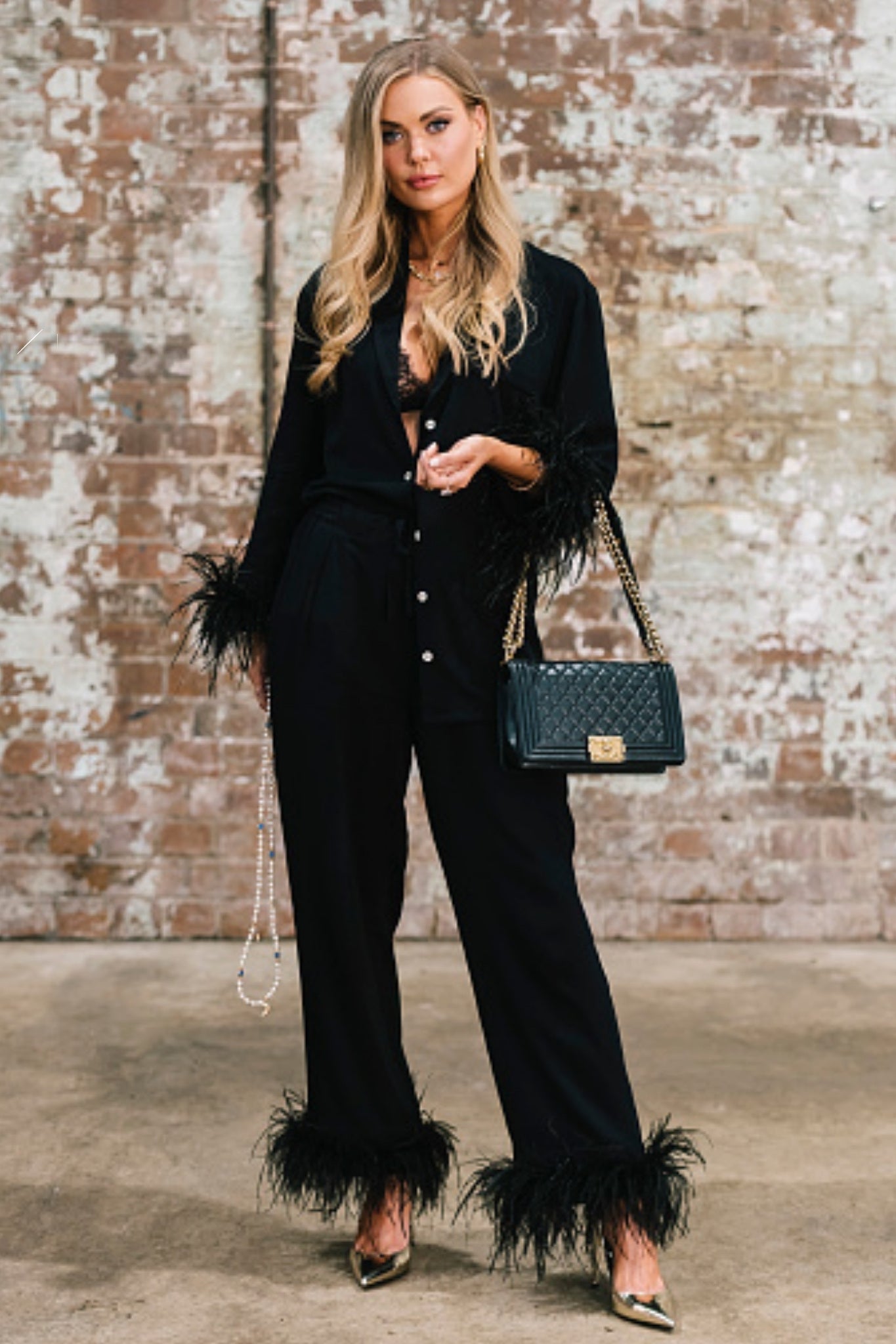 australian fashion week street style Vogue feather trim pj set homebodii