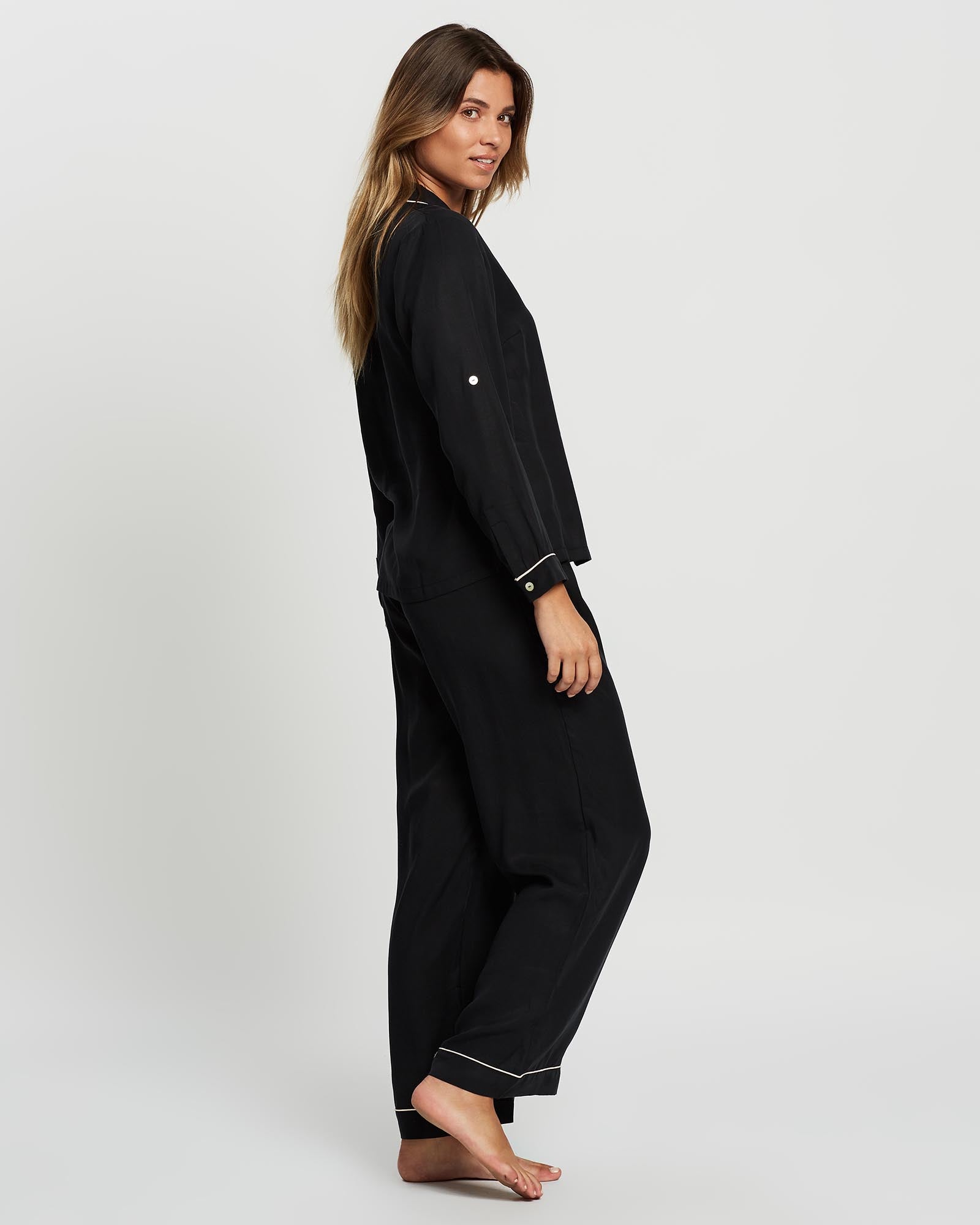 Eva Long Tencel™ Womens Personalised Pyjama Set Black With Blush Piping | Homebodii
