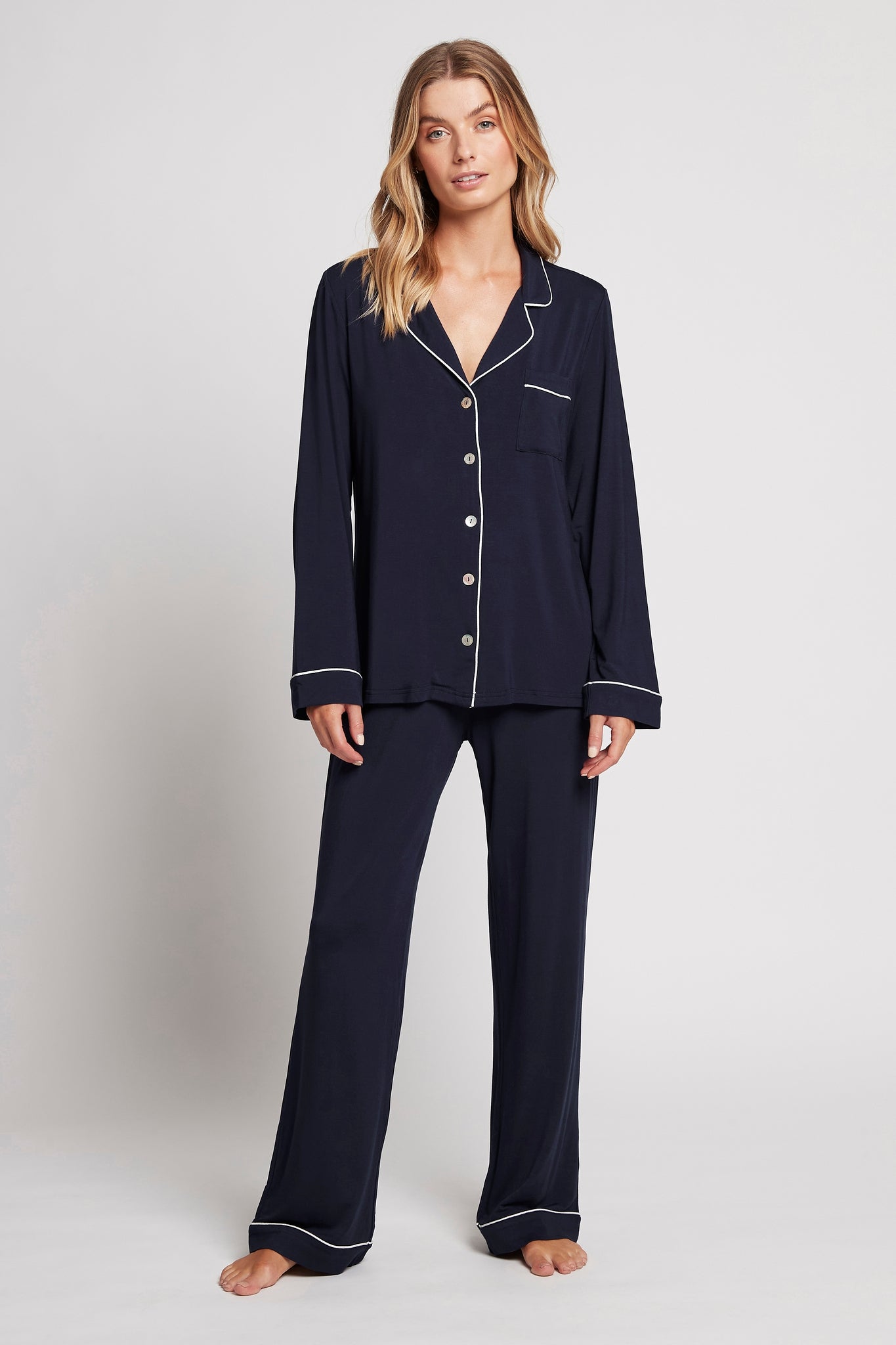 Petra Womens Tencel™ Modal Personalised Pyjama Lounge Set Navy with White Piping | Homebodii