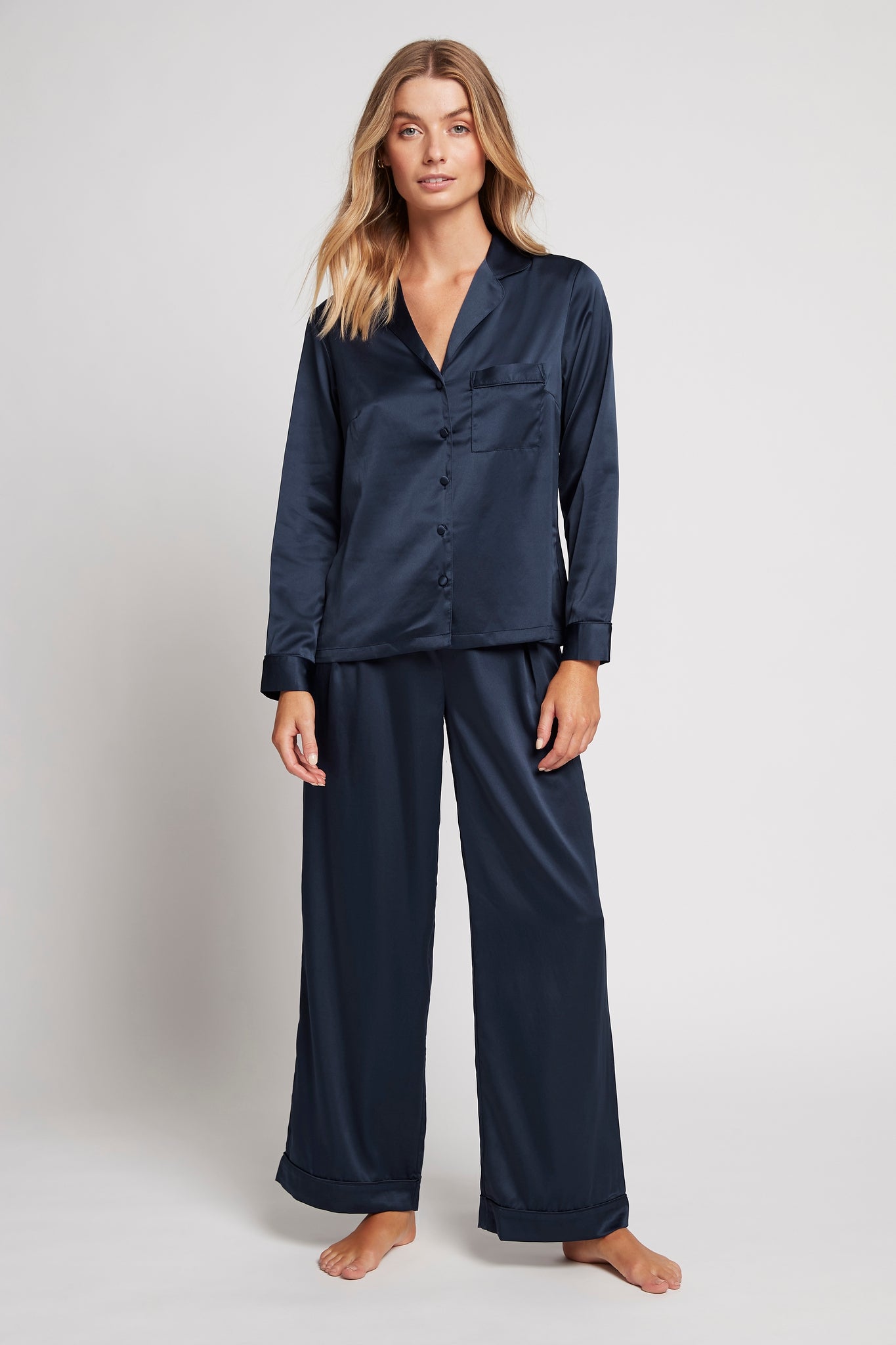 Toni Womens Personalised Satin Satin Pyjama Lounge Set Navy | Homebodii