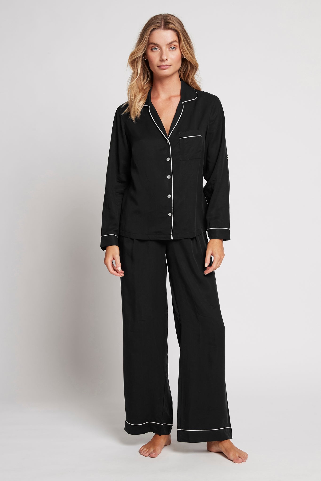 Eva Long Tencel™ Womens Personalised Pyjama Set Black With Blush Piping | Homebodii