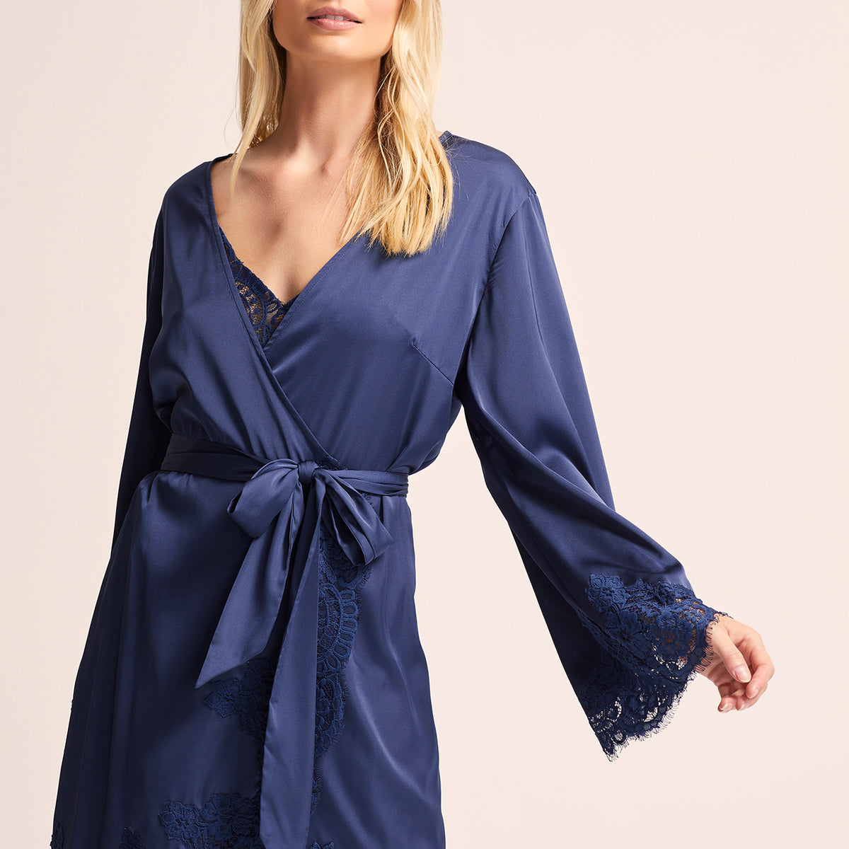 Women's Lace Robe | Navy Satin Lace Robe | Homebodii – Homebodii AU