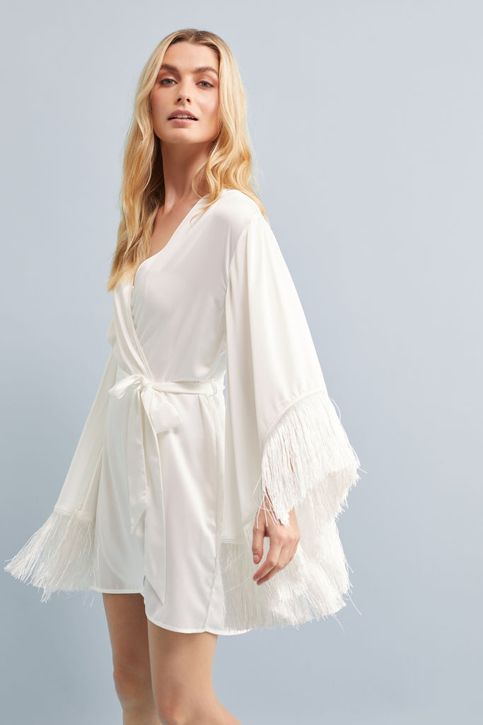 Halston X Homebodii Priscilla Fringe Luxury Satin Robe  White | Homebodii