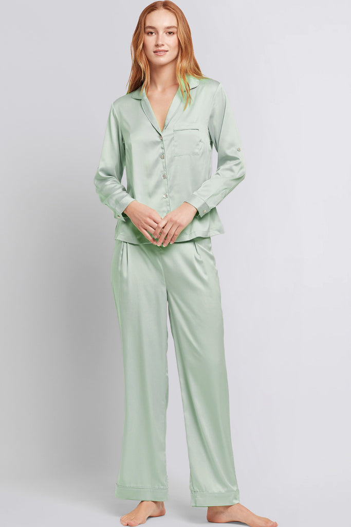 Sabrina Womens Personalised Satin Long Pyjama Set Sage With White Piping | Homebodii