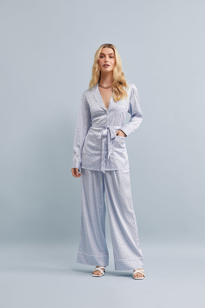 Halston X Homebodii Cleveland Lounge Pyjama Set In Luxury Satin HH Print  Eggshell Blue | Homebodii