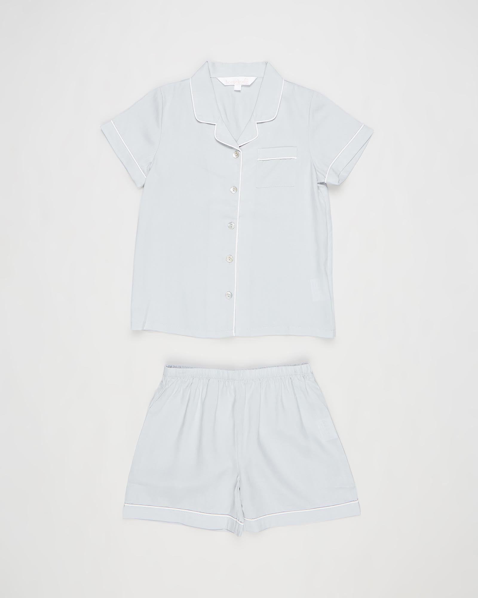 Eva Kids Short Tencel™ Personalised Pyjama Set  Eggshell Blue With White Piping | Homebodii