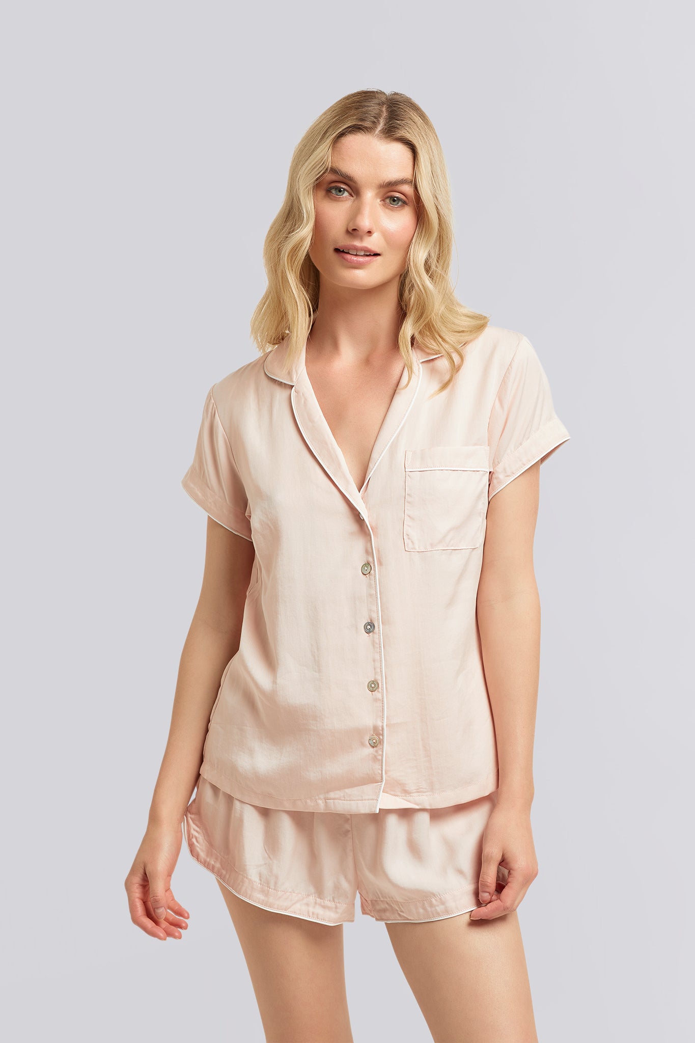 Eva Short Tencel™ Womens Personalised Pyjama Set  Blush With White Piping | Homebodii