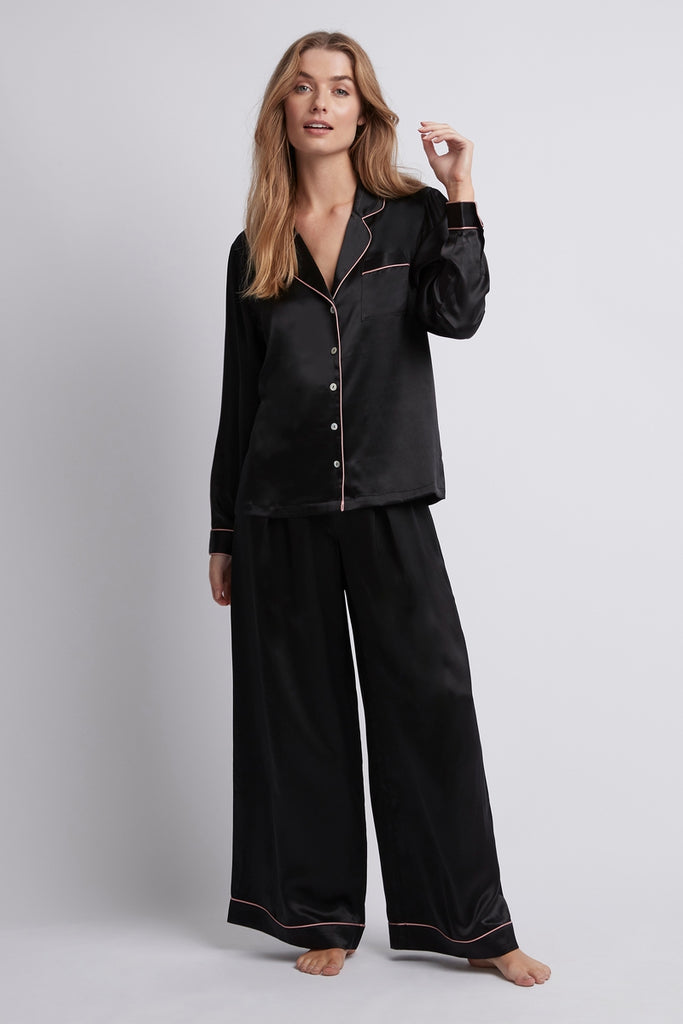 Homebodii Silk Women's Pyjama Set - Black with blush piping | Homebodii AU.