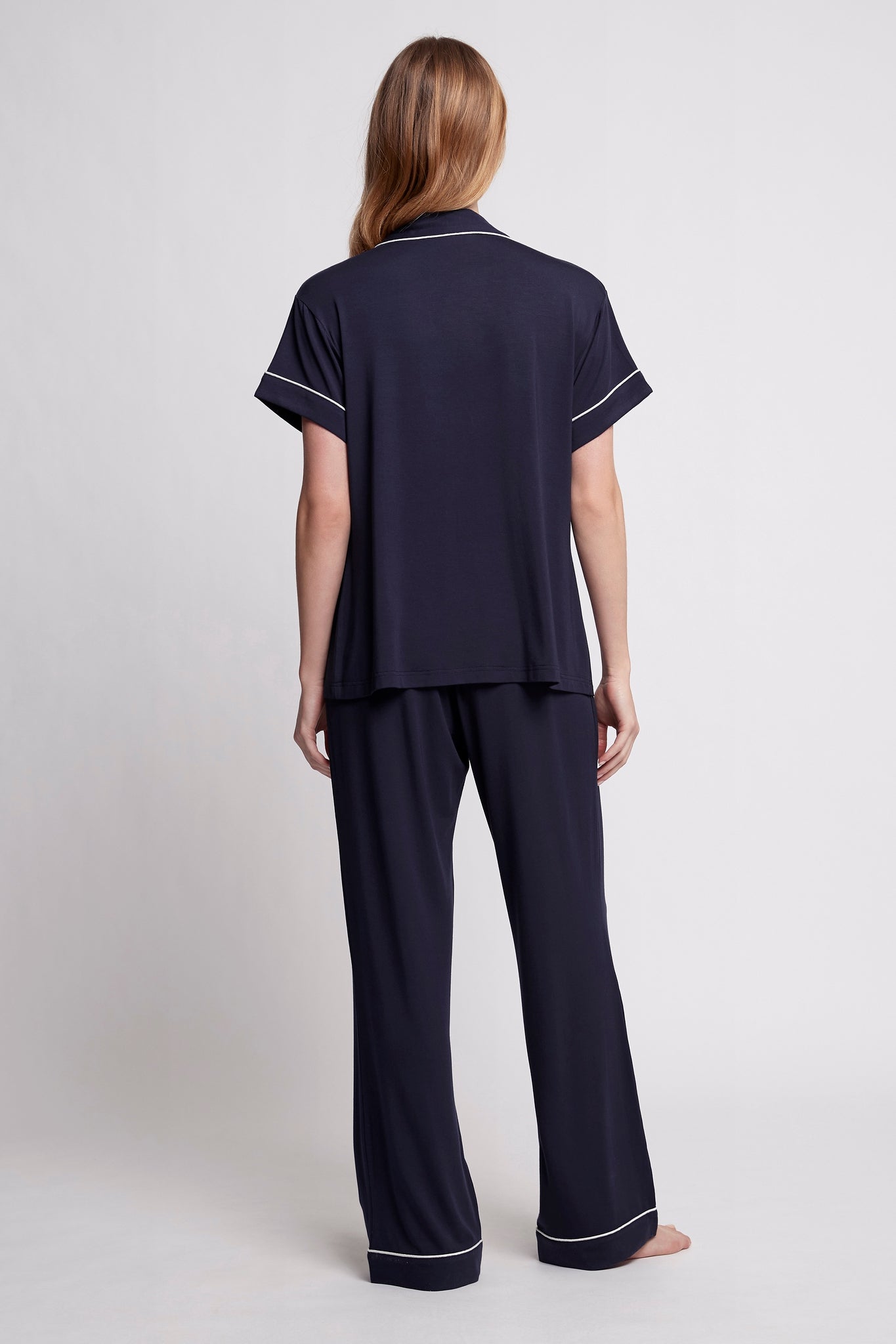 Petra Womens Tencel™ Modal Personalised Short Sleeve With Long Pant Pyjama Set  Navy With White Piping | Homebodii