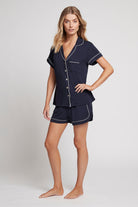 Petra Womens Personalised Short Tencel™ Modal Pyjama Set  Navy With White Piping | Homebodii