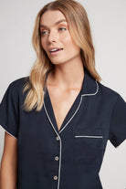Eva Short Tencel™ Womens Personalised Pyjama Set  Navy With White Piping | Homebodii