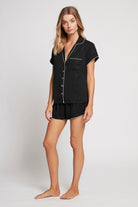 Eva Short Tencel™  Womens Personalised Pyjama Set  Black With Blush Piping | Homebodii