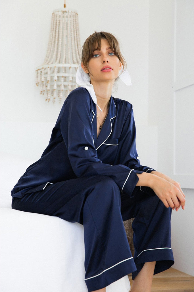 Sabrina Womens Personalised Satin Long Pyjama Set Navy With White Piping | Homebodii