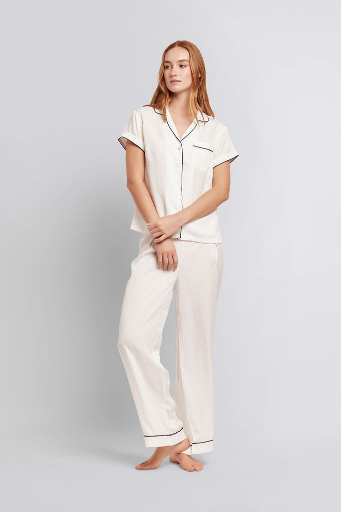 Eva Short Sleeve with Long Pant Tencel Womens Pyjama Set White with Blush Piping | Homebodii